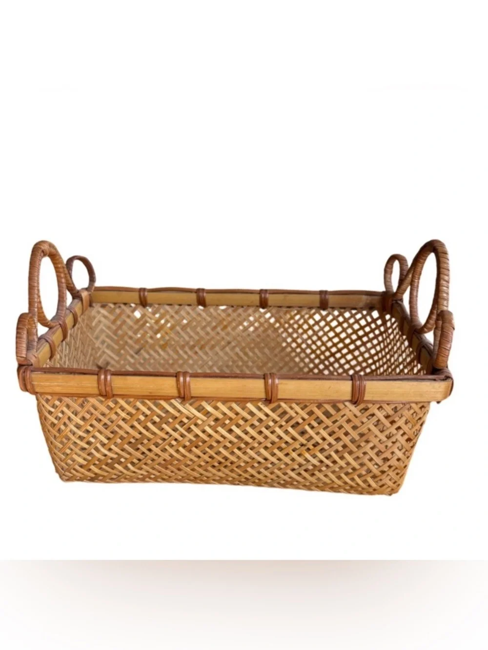 Handcrafted rectangular woven rattan/bamboo basket handles & latticework design